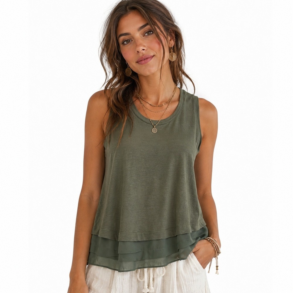 Les Serein Women Olive‎ Green Sleeveless Knit Top Layered Chiffon Hem SP NEW